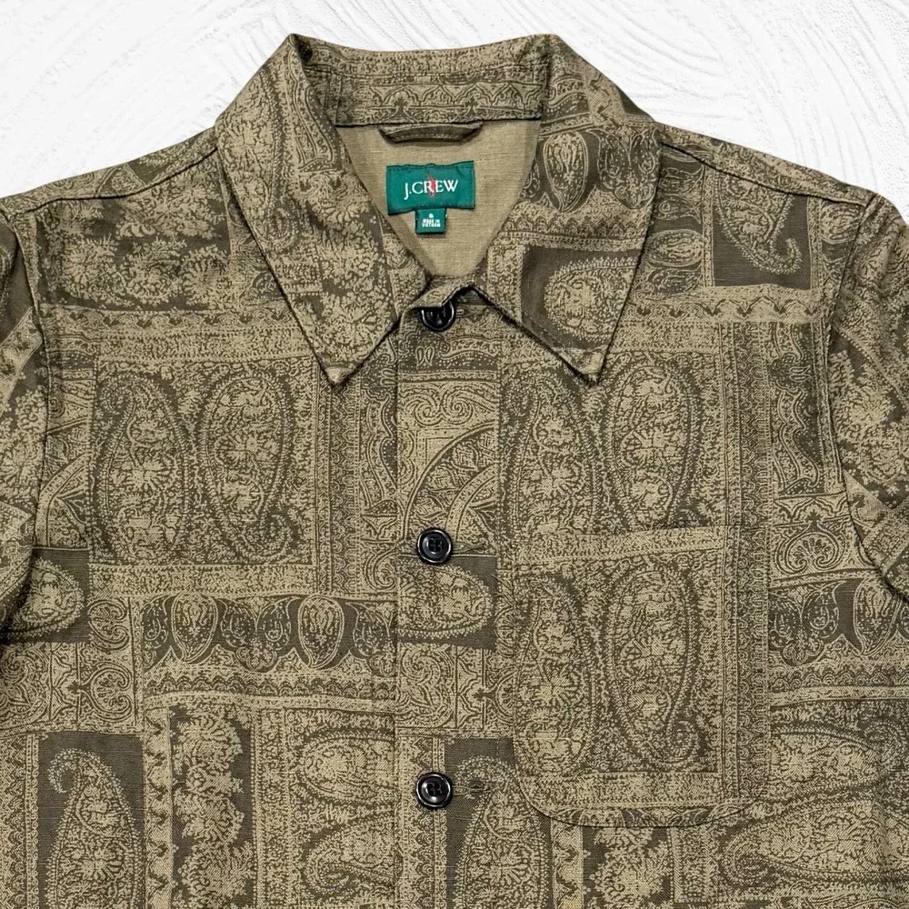 J.Crew Oarsman Batik Paisley Olive Green Brown Small  Cotton Linen Chore Jacket